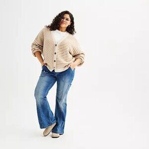 💛 SO Button-Front Cardigan with in Brown Check & Stripes | Size: L